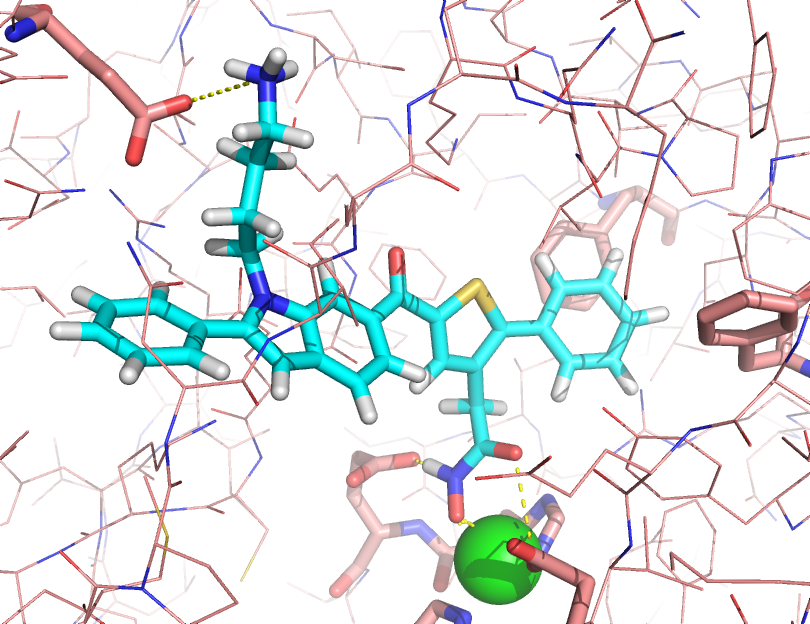 J.G. Park, P.C. Sill, E.F. Makiyi, A.T. Garcia-Sosa, C.B. Millard, J.J. Schmidt, Y.P. Pang, Serotype-selective, Small-molecule Inhibitors of the Zinc Endopeptidase of Botulinum Neurotoxin Serotype A, Bioorganic & Medicinal Chemistry, Bioorg. Med. Chem., 2006, Vol. 14, 395-408 Tetrahedral zinc protein ligand inhibitor drug design molecular dynamics Botulinum neurotoxin serotype A (BoNTA) is one of the most toxic substances known.
Currently, there is no antidote to BoNTA.
Small molecules identified from high-throughput screening reportedly inhibit the endopeptidase – the zinc-bound, catalytic domain of BoNTA – at a drug concentration of 20 µM.
However, optimization of these inhibitors is hampered by challenges including the computational evaluation of the ability of a zinc ligand to compete for coordination with nearby residues in the active site of BoNTA.
No improved inhibitor of the endopeptidase has been reported.
This article reports the development of a serotype-selective, small-molecule inhibitor of BoNTA with a K<sub><em>i</em></sub> of 12 µM.
This inhibitor was designed to coordinate the zinc ion embedded in the active site of the enzyme for affinity and to interact with a species-specific residue in the active site for selectivity.
It is the most potent small-molecule inhibitor of BoNTA reported to date.
The results suggest that multiple molecular dynamics simulations using the cationic dummy atom approach are useful to structure-based design of zinc protease inhibitors.